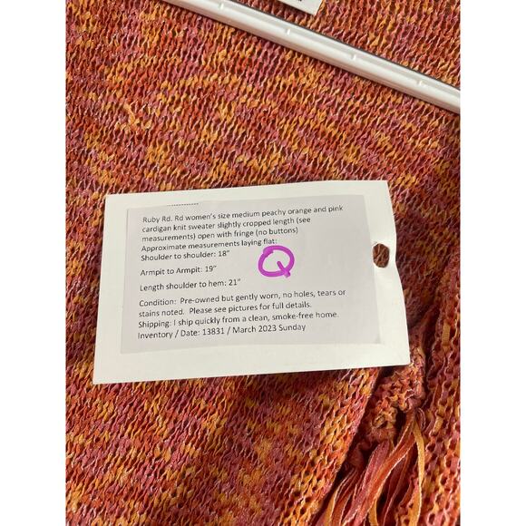 Ruby Rd. Rd women's medium knit cardigan sweater orange loose weave fringe - Picture 12 of 14